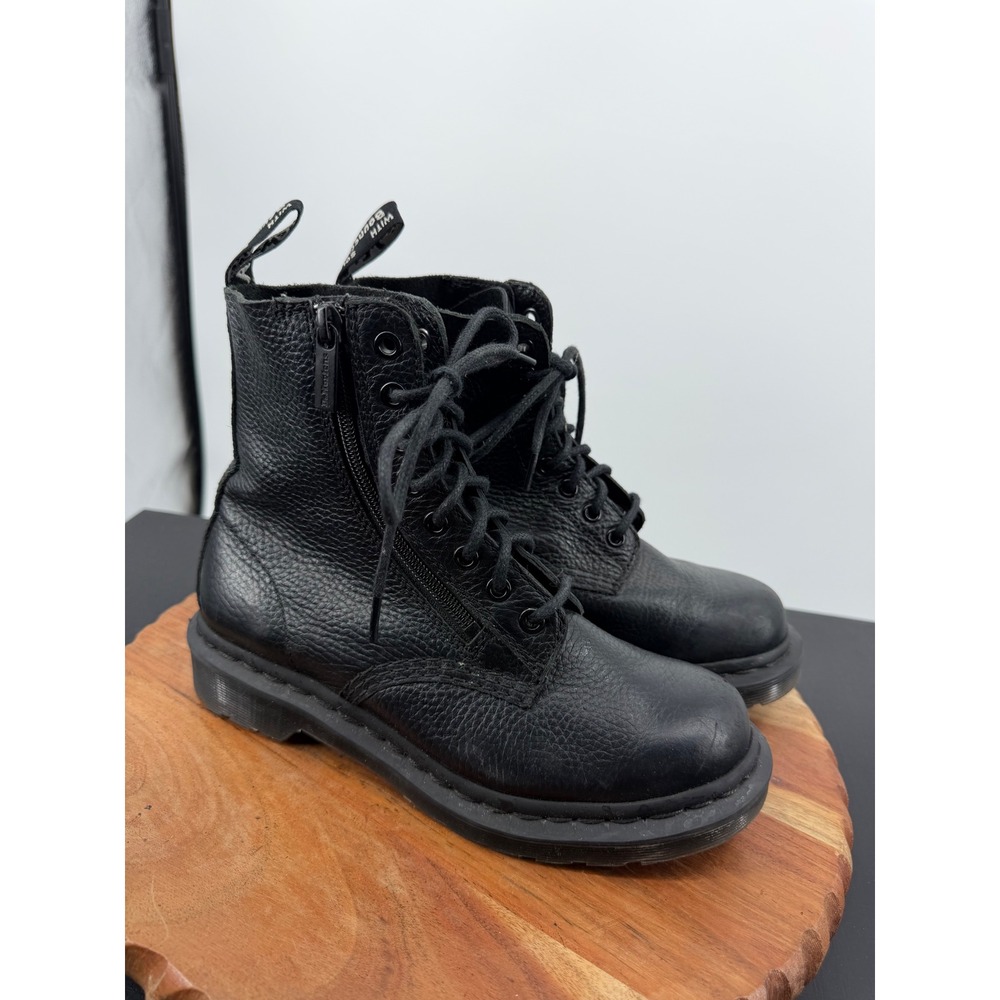 Dr. Martens 1460 Pascal Boot Women 6 Black Leather Lace Up Side Zip Combat Boots